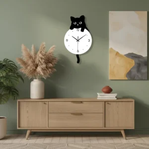 Sallanan Kuyruklu Sevimli Siyah Kedi Duvar Saati