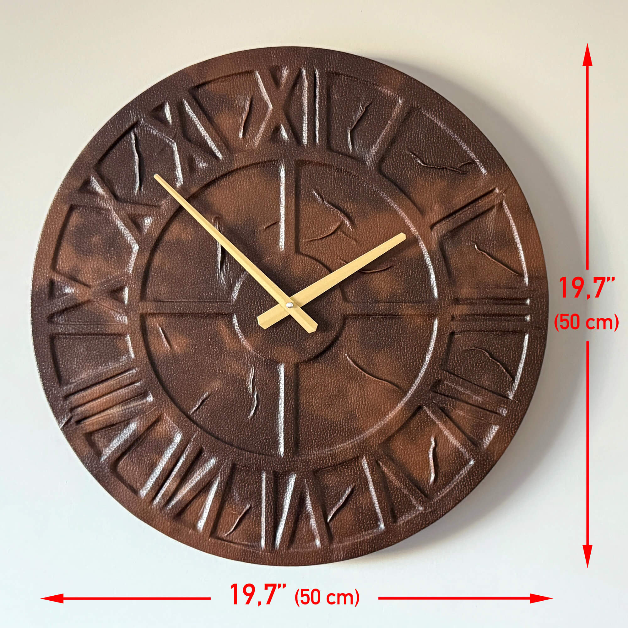 Deri Duvar Saati - Vegan El Yapımı Roma Rakamlı 50 cm Sessiz Saatto