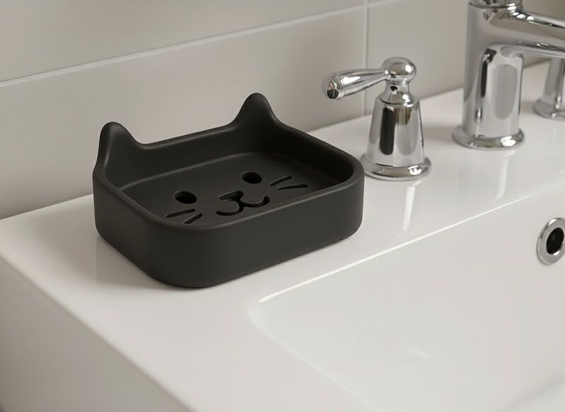 Kedi Figürlü Sabunluk - 3D Baskı PLA Su Tahliyeli Aksesuar