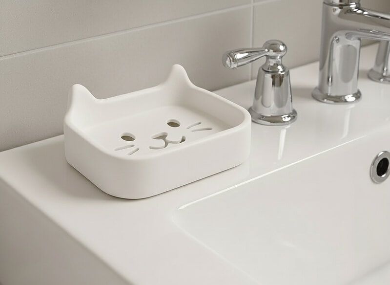 Kedi Figürlü Sabunluk - 3D Baskı PLA Su Tahliyeli Aksesuar