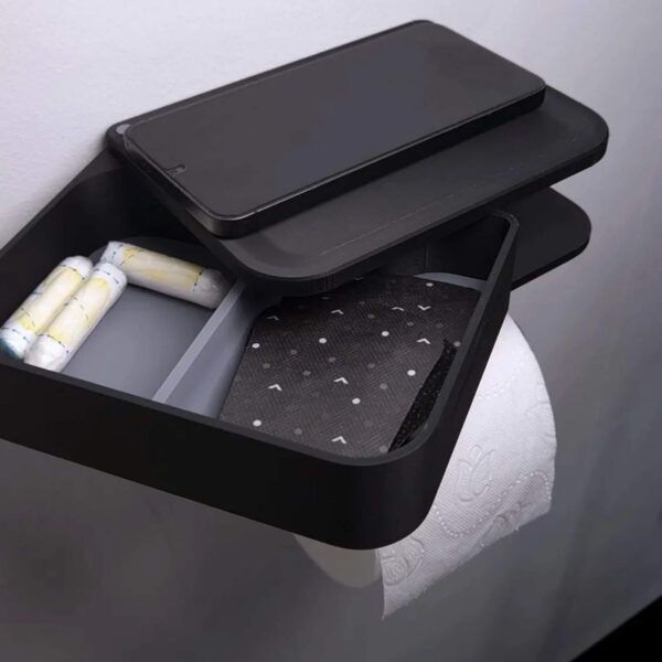 Mat Siyah Tuvalet Kağıdı Tutucu - Entegre Telefon Standlı Modern Banyo Aksesuarı