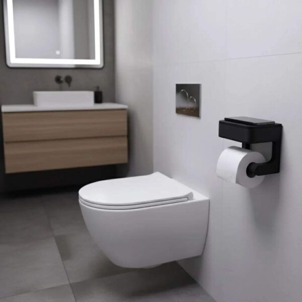 Mat Siyah Tuvalet Kağıdı Tutucu - Entegre Telefon Standlı Modern Banyo Aksesuarı