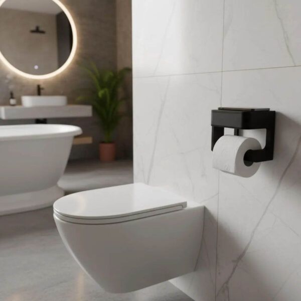 Mat Siyah Tuvalet Kağıdı Tutucu - Entegre Telefon Standlı Modern Banyo Aksesuarı
