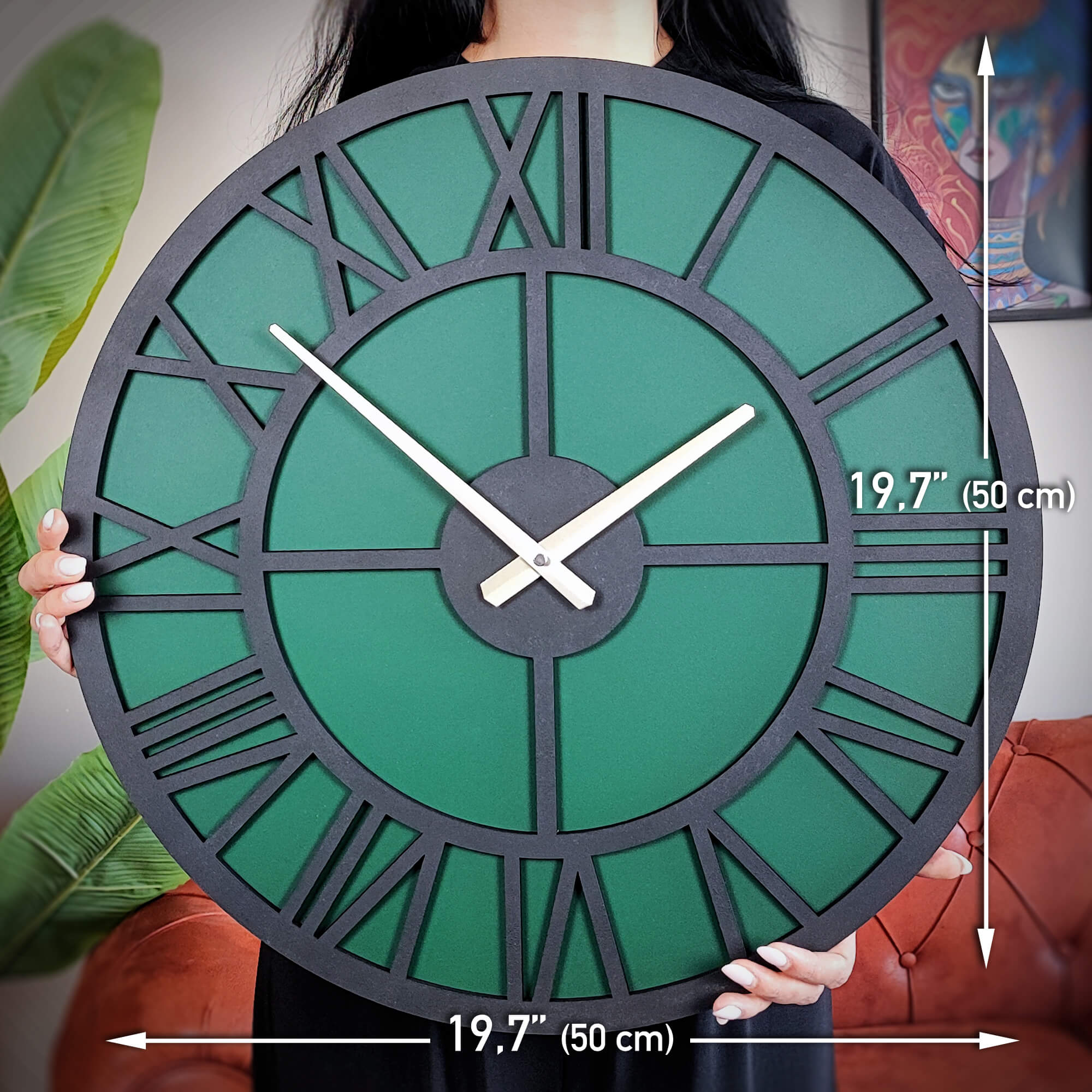 Yeşil Roma Rakamlı Ahşap Duvar Saati - El Boyaması 50 cm Sessiz Saatto
